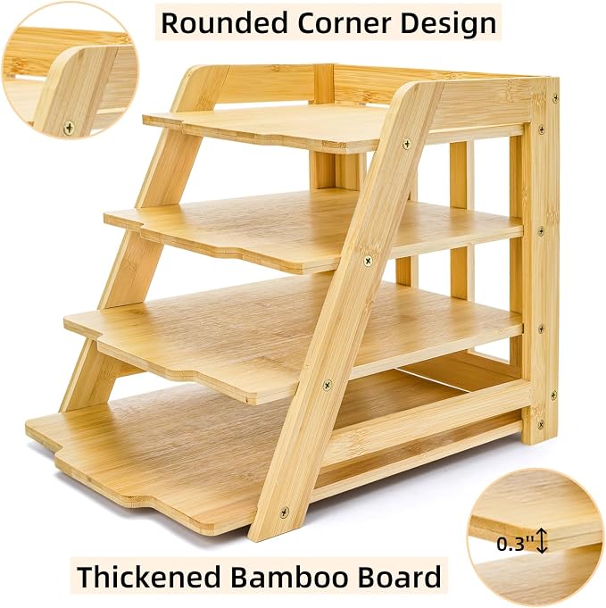 ZAVOOS Wood Paper Organizer for Desk, 4 Tier Bamboo Letter Tray File Folder, Mail Sorter Shelf Document Storage Rack Holder for Home, Workplace, Office Supplies Desk Accessories