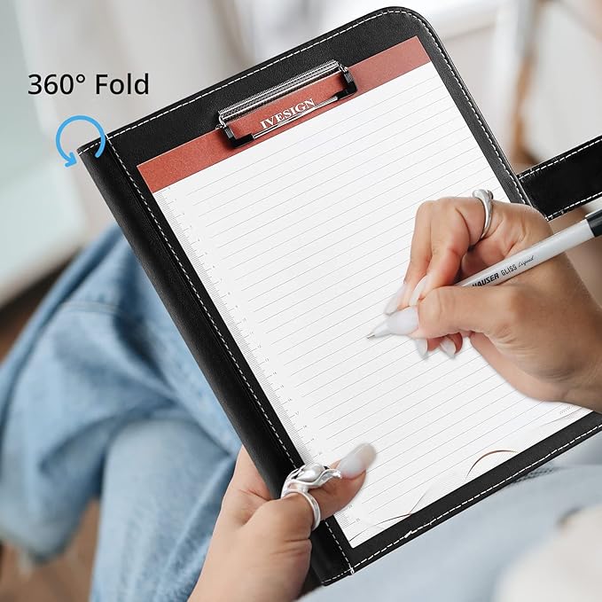 IVESIGN Leather Portfolio Notebook with Folder，Storage Clipboard with Cover for Legal Pad Holder Letter Size A4 Writing Pad for Business School Office Resume Conference Notepad Clip Boards(Black)