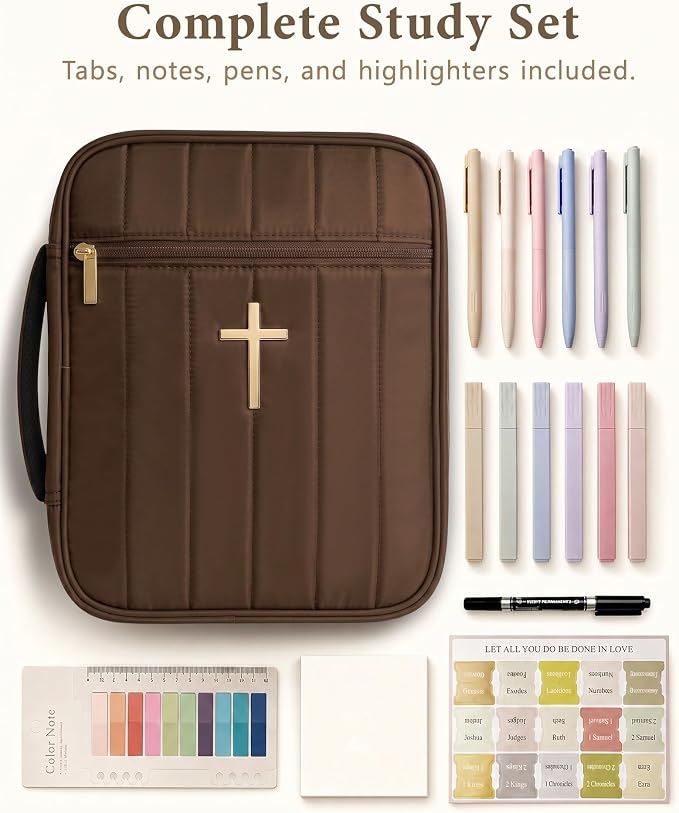 Wuflyover Bible Bag for Women with Study Set, Quilted Bible Cover Case with Handle, Bible Carrying Case for Church, Tabs, Notes, Pens and Highlighters, (Brown+Study Accessories)