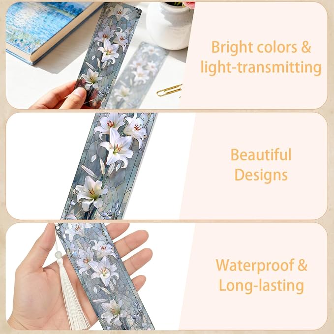 4 Pcs Stained Glass Art Bookmarks for Reading Women, Flower Transparent PVC Bookmark with Tassels, Cute Book Accessories, Unique Book Marks for Bookish, Birthday Christmas Gift