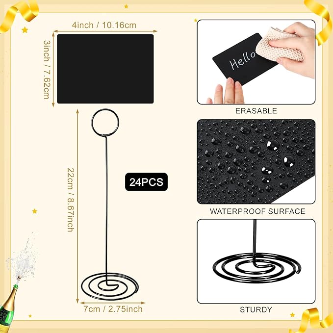 Mini Chalkboard Sign with 8. 7 Inch Metal Stand, 4" x 3" Small Chalkboard Label and 2 Marker Pens, Food Sign Buffet Rectangle Blackboard Message Board Tabletop Label for Wedding Party(24 Pcs)
