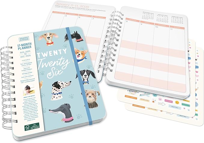 Orange Circle Studio Academic Planner 2025-2026, Doggone Cute, 17-Month, August 2025 to December 2026, 8.78" x 6.1", Wire-O Bound, Dotted Grid Week-Per-Spread View, To-Do Lists, Budget & Goal Trackers