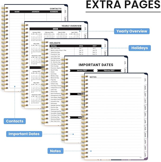 Planner 2026-2027, Monthly and Weekly Calendar Academic Planner July 2026 - June 2027, Hardcover Student Teacher Planning Agenda Book with Tabs, Perfect for Office School Supplies, A5 (6.3" x 8.5") - Midnight Blooms