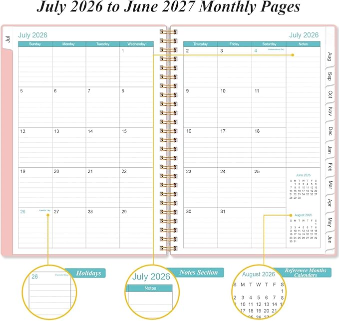 2026-2027 Planner - Academic Planner 2026-2027 from July 2026 to June 2027, Weekly Monthly Planner 2026-27 with 12 Monthly Tabs, Inner Pocket, 6.4" x 8.5", Pink