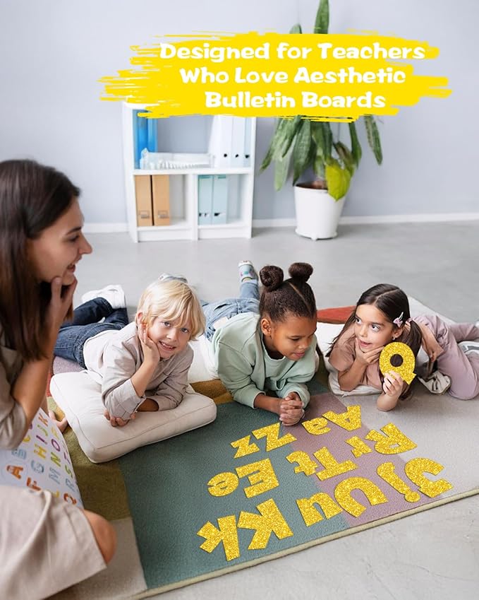 249 Pcs Glitter Bulletin Board Letters Numbers and Punctuation, 4 Inch Alphabet Poster Board Cardboard Letter Cutouts with Adhesive Dots for Classroom Bulletin Board School Decorations (Yellow)