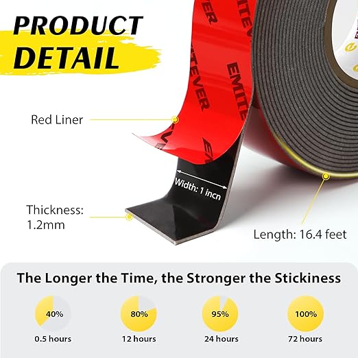 EMITEVER Heavy Duty Double Sided Tape 2 Rolls, 1 Inch x 16.4FT Acrylic Foam Mounting Tape, Two Sided Adhesive Tape, Waterproof & Strong Double Stick Tape for Walls, Automotive, Home Office Decor