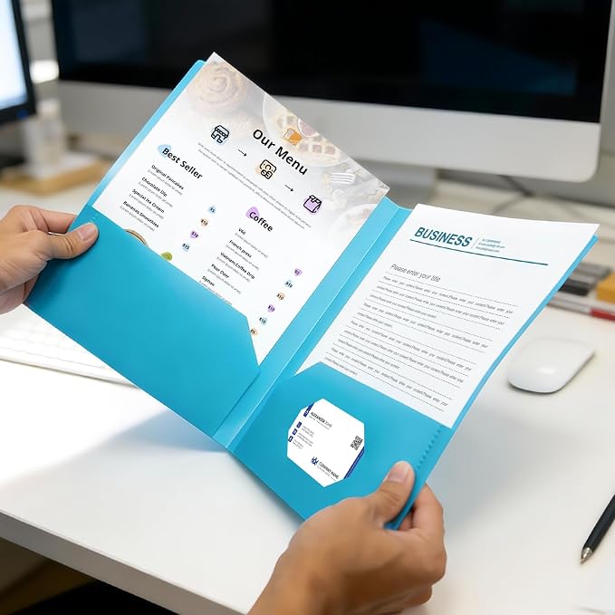 Plastic Pocket Folders with Pockets, Heavy-Duty 6-Color Two-Pocket Folder for Letter Size Documents, Business Card Slot, for Office, School, Organizing Files