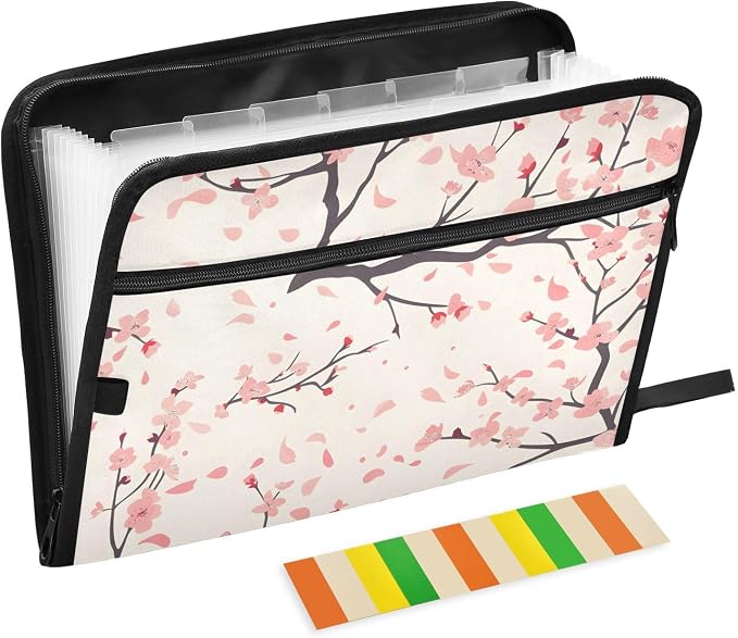 Expanding File Folder Cherry Blossom Flower Pattern Accordion File Organizer 13 Pockets Document Organizer with Zipper Labels A4 Letter Office Storage