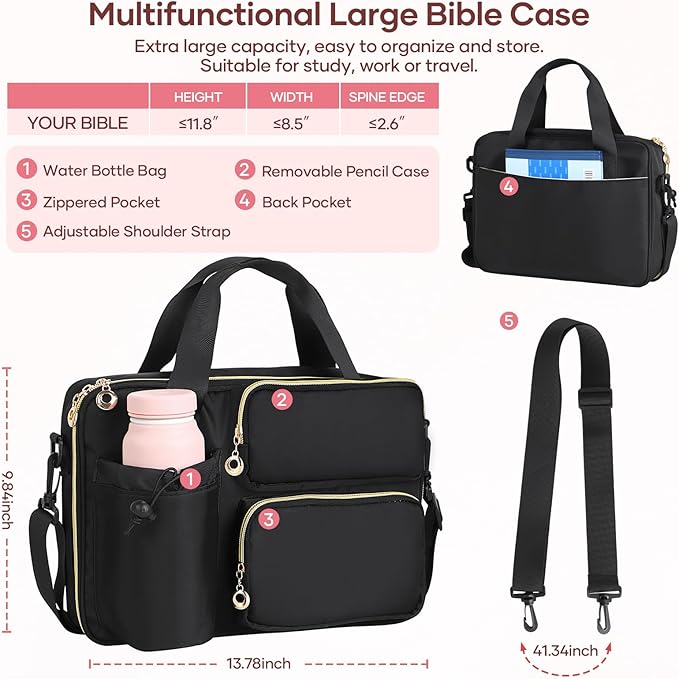 Bible Cover Case for Women, Large Bible Bag with Removable Pencil Case, Water Bottle Pocket and Shoulder Strap for Bible Study Supplies, Church Carrying Journaling Kit, Christian Gift for Women