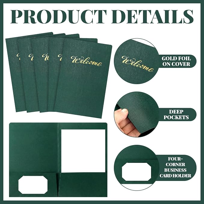 Affrolling 50 Pack 6 x 9 Inch Welcome Pocket Folders Church Visitor Welcome Folder Presentation Folder Employee File Folders for Weddings, Party, Conference, Seminars, Bar Mitzvah (Dark Green Linen)