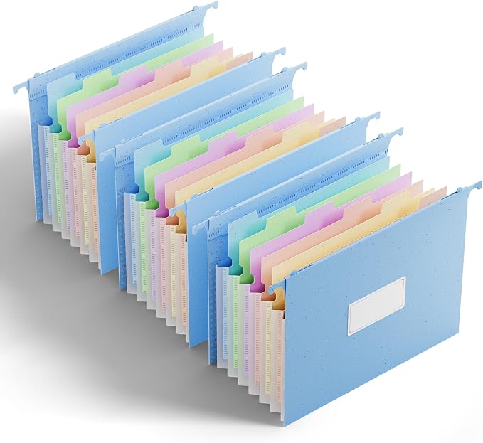 ANSOOK Letter Size Hanging File Folders, Expandable 7 Accordion Pockets, 1.2" Expansion, Hanging Files for Office & Document Organization,Hanging Folders for Filling Cabniet - 50% Wheat Straw (Blue)
