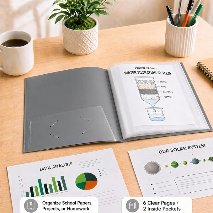 Ultra PRO - 50 Pack Grey Heavy Duty 2-Pocket Folders with 6 Clear Internal Pages, Waterproof Poly Project Organizer for School and Office, Fits 8.5 x 11 Letter Size, Customizable Clear Covers