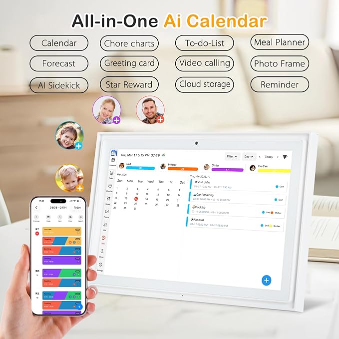 Digital Electric Calendar, 10.1" HD Wall Touch Screen calendars, Meal Planner, Family Duty Charts, to Do List, HD Smart home digital organizer, Interactive Electronic Calender, Built-in Digital Picture Frame Function