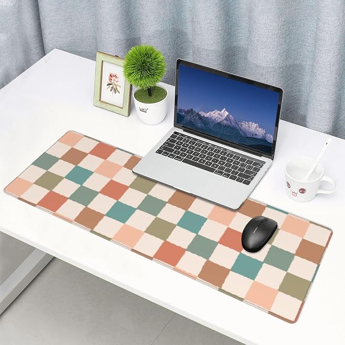Boho Checkered Brown Gaming Mouse Pad Desk Mat for Home and Office, Large Mousepad Extended Keyboard Pad Stitched Edge Accessories Decor