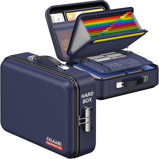 COLCASE Fireproof Document Box with Lock, Hard Fireproof Document Organizer | Hard-Shell Fireproof Waterproof Safe Box with Combination Lock Blue