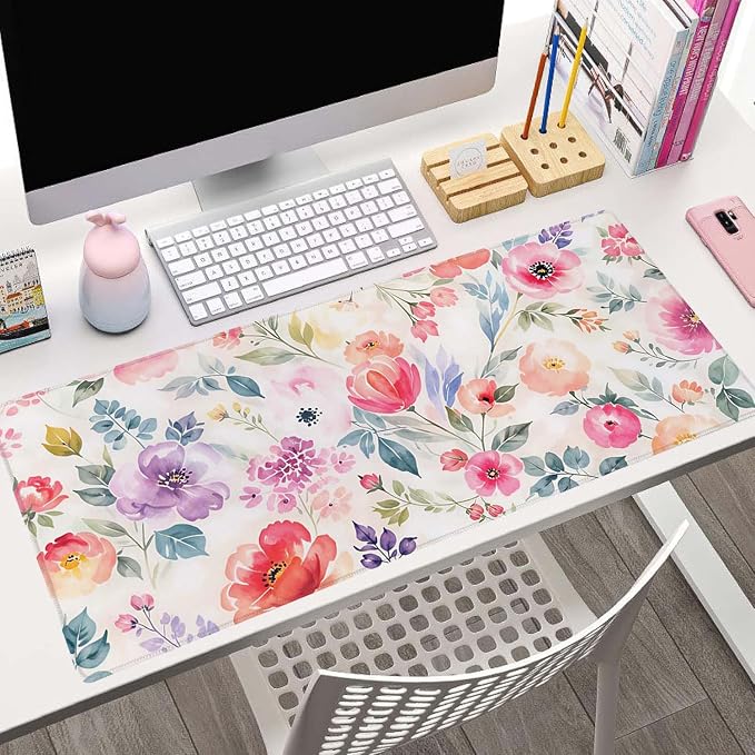 Watercolor Floral Botanical Pattern Desk Mat, Extended Big Mouse Mat for Home and Office, Large Gaming Mousepad Laptop Keyboard Mat with Non-Slip Rubber Base, Stitched Edges (31.50"x11.8"x0.12")