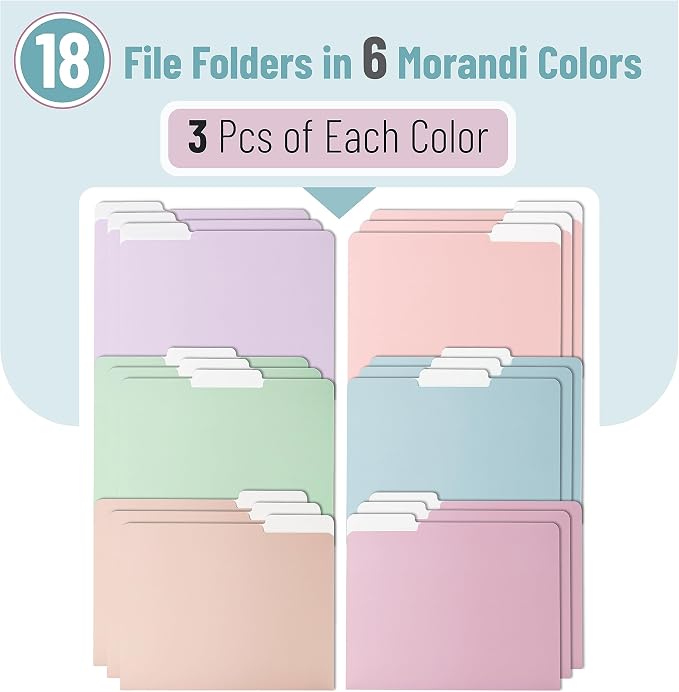 Mr. Pen- File Folders, 18 Pack, Morandi Colors, 1/3-Cut Tab, File Folders Letter Size, Colored File Folders, Office File Folder