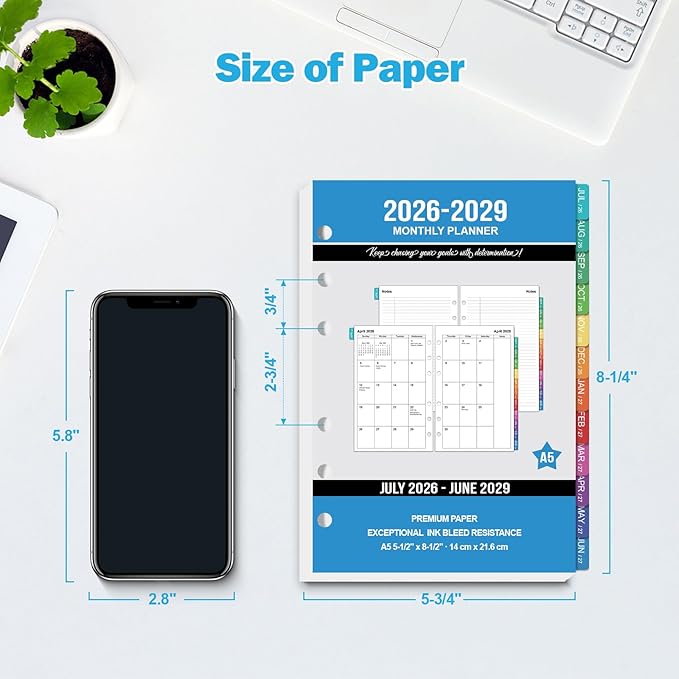2026-2029 Monthly Planner Refills: 36 Months A5 Planner Inserts for 6-Ring Binder, Runs from July 2026 to June 2029, 6-Hole Punched Calendar Inserts 2026-2029 with Tabs, 5-3/4" x 8-1/4"