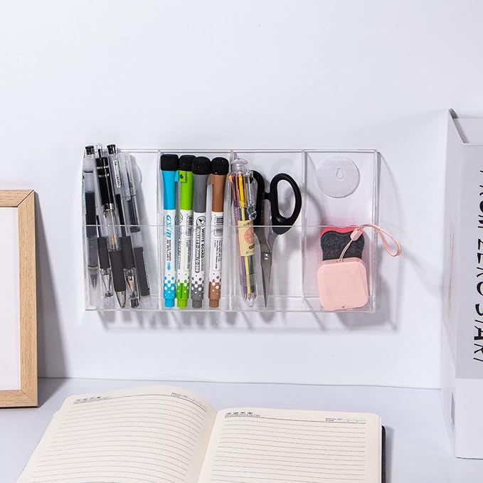 Yeeco Acrylic Remote Holder Wall Mount - 4 Compartment, Clear Acrylic Remote Control Holder, 10.4''1.6''5.6'' Wall Pen Holder, Pen & Makeup Key Organizer
