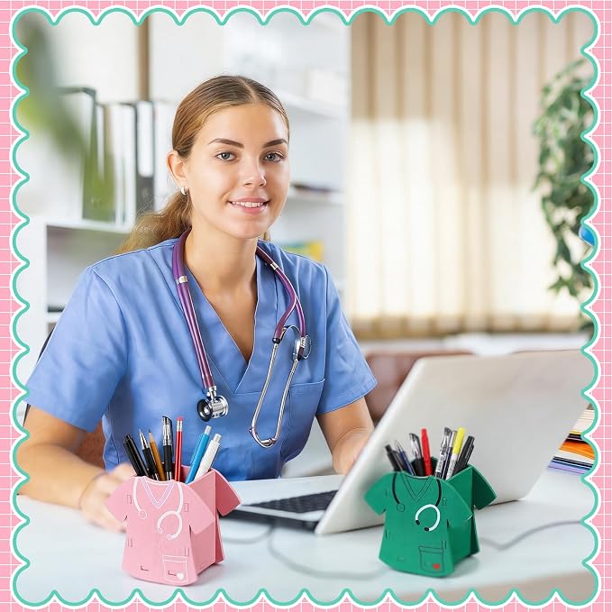 Sherr 2 Pcs Wood Pencil Holder Pencils and Sharpener Shaped Sharp and Dull Pen Holder Back to School Wooden Dispenser Storage Organizer for Classroom(Nurse Scrub,Pink and Green)