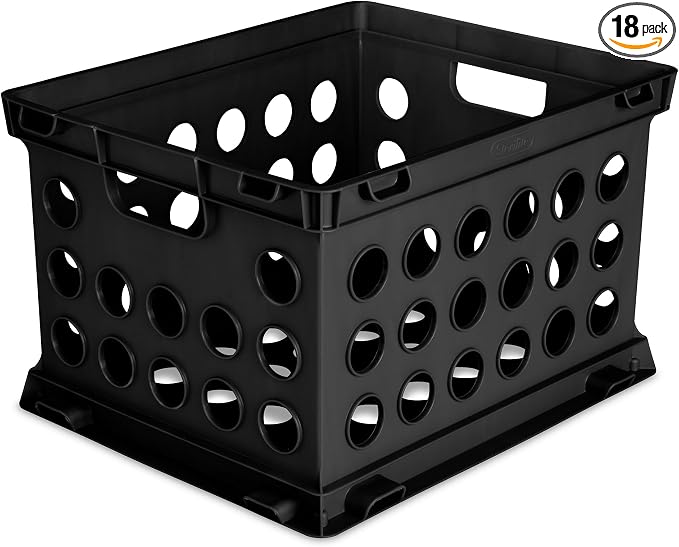Sterilite Stackable Sturdy Storage Crate Organizer Bins with Handles for File and Document Organization for Homes, Offices, and Work Areas, Black, 18-Pack