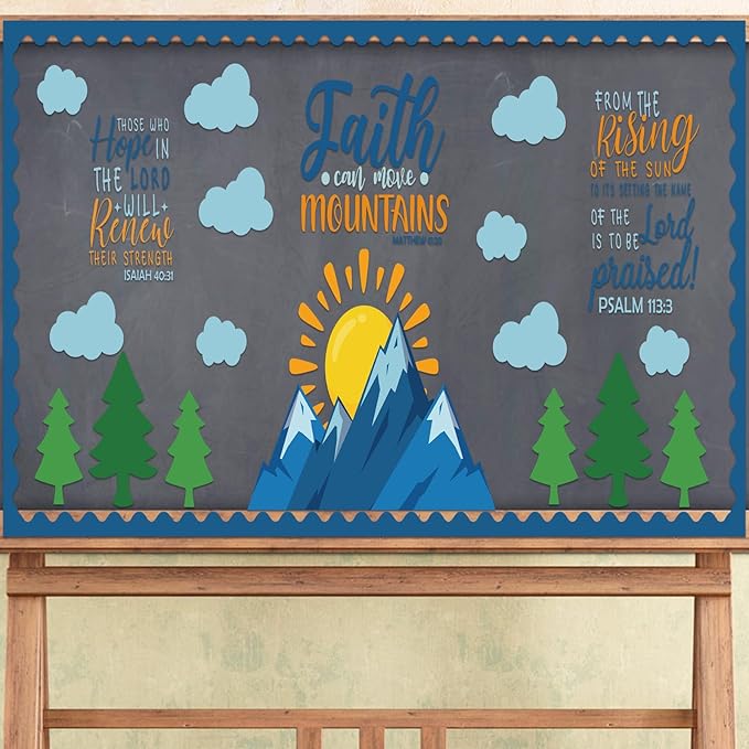 Sayglossy Faith Can Move Mountains Bulletin Board Decoration Religious Classroom Bulletin Board Faith Mountain Cutout for Sunday School Religious Classroom Home Wall Decor