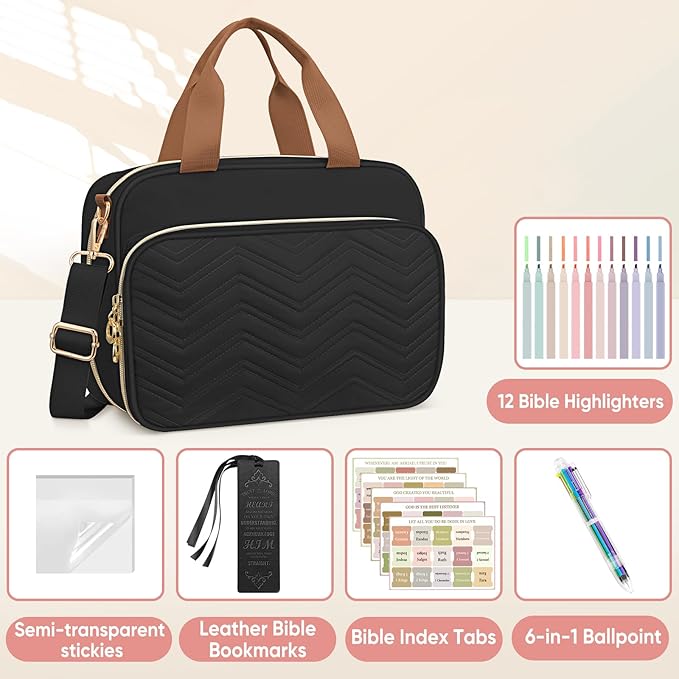 FINPAC Large Bible Cover Case for Women, Bible Study Supplies Journaling Kit with Shoulder Strap, Christian Gifts Church Bag, Black