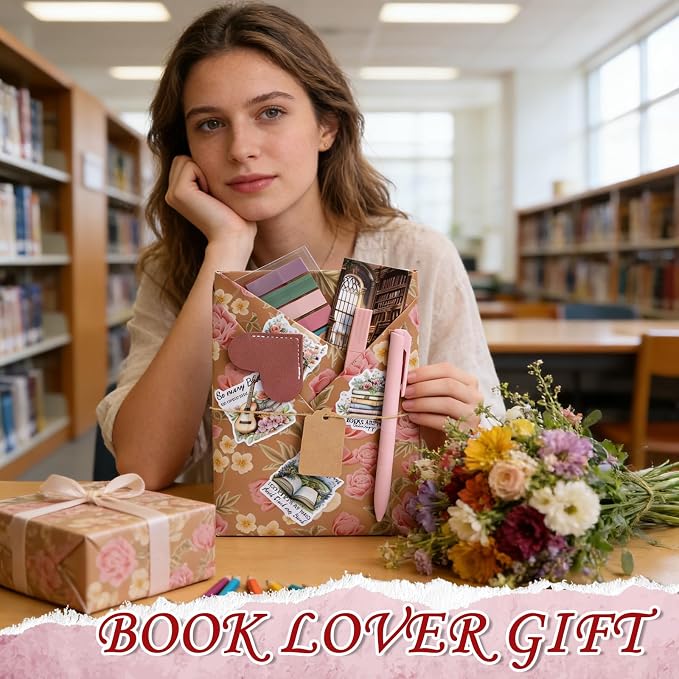 Blind Date with a Book Gift Box 6 Set Flower Blind Book Date Gifts Supplies Includes Kraft Paper Tags Floral Bookmark Pens Stickers Book Lover Club Gift for Women Bookish Family Reader
