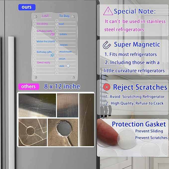 JonXon Acrylic Magnetic Dry Erase Board for Fridge, Clear Acrylic Magnet Calendar for Refrigerator,Includes 6 Kinds Products Set(8" x 12",to do List)