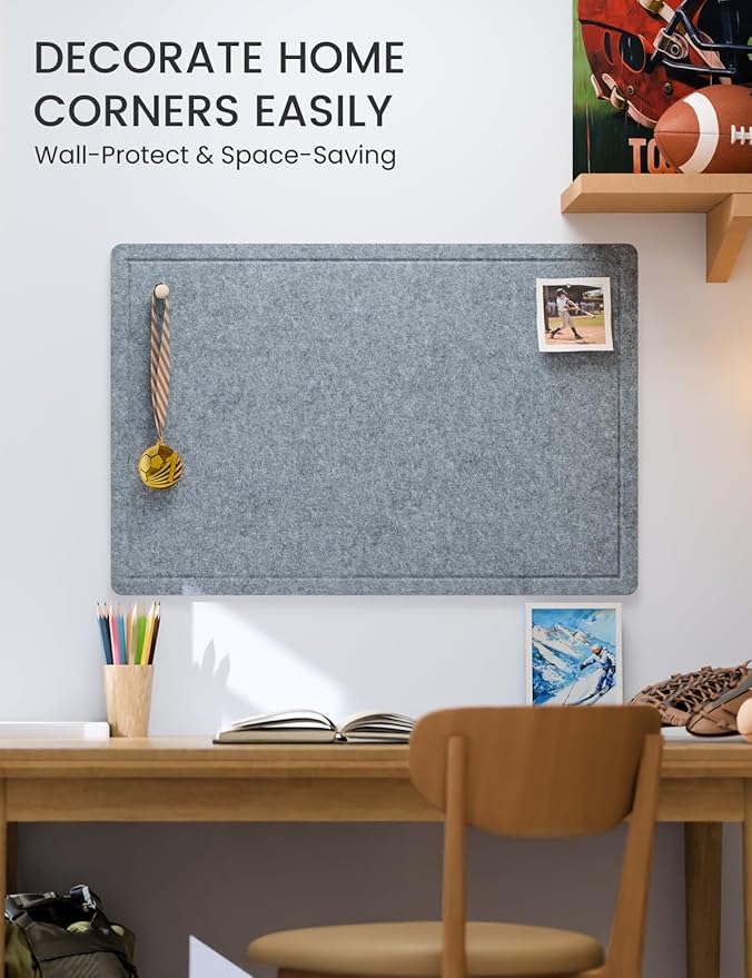 Fluxynara Bulletin Board,35.4" x 23.6" Cork Board Alternative with 12 Safe Removable Adhesive Tabs, Foldable Felt Pin Board for Home Office, Classroom, Bedroom,Entryway for Walls— Blue Gray