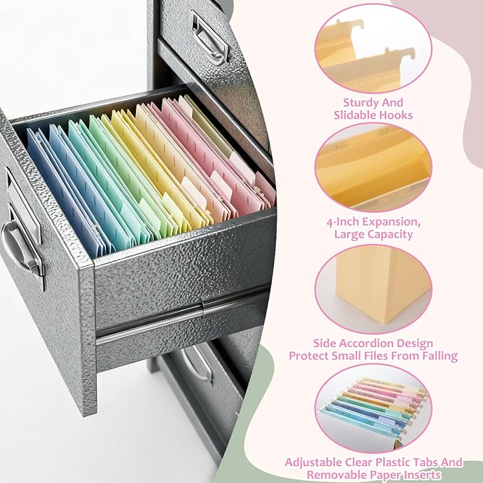 8Pack Plastic 4 Inch Expanding Extra Capacity Hanging File Folder Heavy Duty Letter Size Filing Cabinet Organizer Accordian Pocket for Legal Office Files Document (Pastel)
