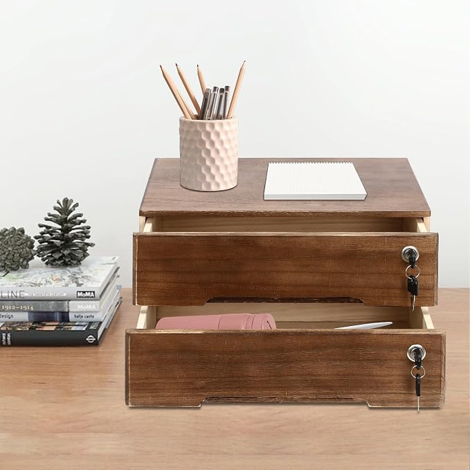 Wooden Desktop Storage Box, 2-Tier Countertop Desk Accessories Box with Lockable Drawers, Office Supplies File Organizer, Flat File Cabinet for Office, Study, Dresser, Kitchen (Walnut)