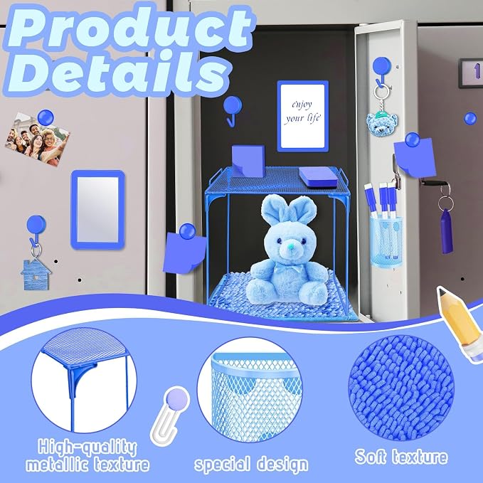 Demonwer Locker Accessories with Locker Shelf Locker Mirror Magnetic Pen Holder Sticky Note Whiteboard Mat Blue Locker Organizer for Work Mesh Metal Shelf Accessories Kit for School Office Supplies