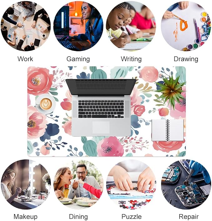 Colorful Star Large Mouse Pad, Pink Floral Desk Mat for Desktop, Women Girls PU Leather Waterproof Gaming Mousepad, Computer PC Laptop Protector Flowers Desk Pads for School Office Home 23.6" x 13.8"
