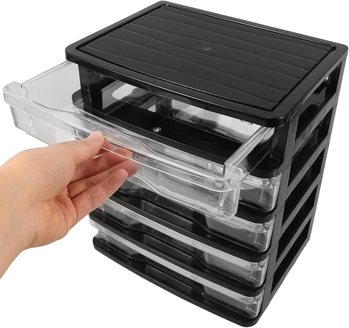 FOMIYES Plastic Drawers Organizer with Multi-layer Drawers, Space-saving Desk Storage Bins for Cosmetics and Office Supplies, Black Plastic Desktop Organizer for Office and Bedroom