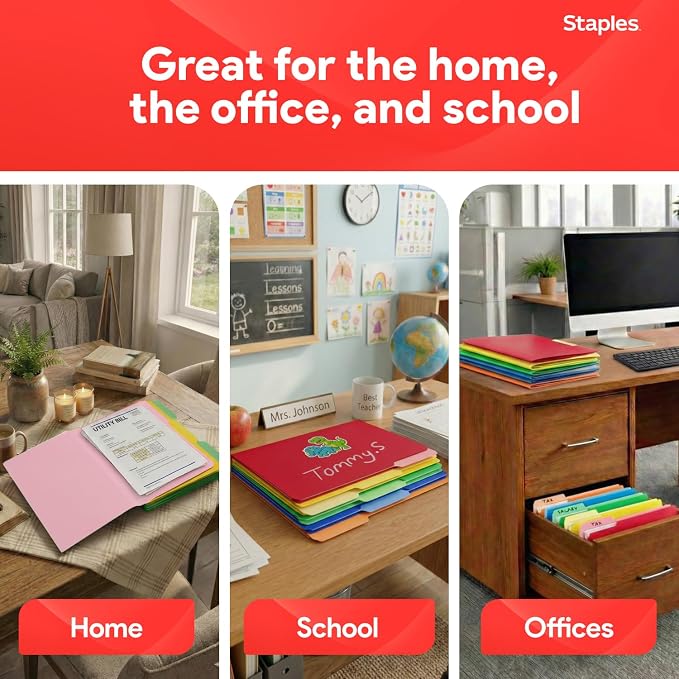 Staples Colored File Folders, Letter Size, 3‑Tab Top‑Tab Design, Durable 10.5‑Point Paper Stock, 100/Pack