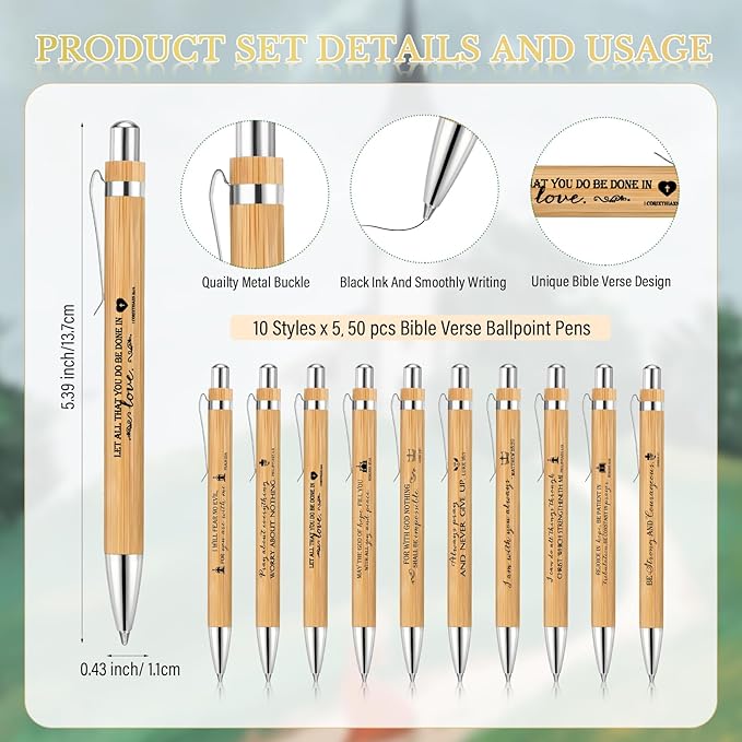 50 Sets Christian Religious Gifts Bulk Mothers Day Bible Verse Bamboo Pens and Christian Bookmarks Father's Day Inspirational Gifts for Teacher Church Bible Members VBS Women Coworker