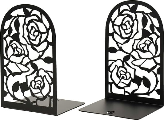 CNK Premium BookEnds - Heavy Duty Metal Book Stoppers for Home Office, Decorative Book Shelf Holders (Rose Black)
