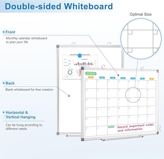 Dry Erase Board Calendar for Wall, 24" x 18" Magnetic Whiteboard Calendar, Monthly Calendar Whiteboard for Wall, Double-Sided Hanging Aluminum Frame White Board for Home, School, Office