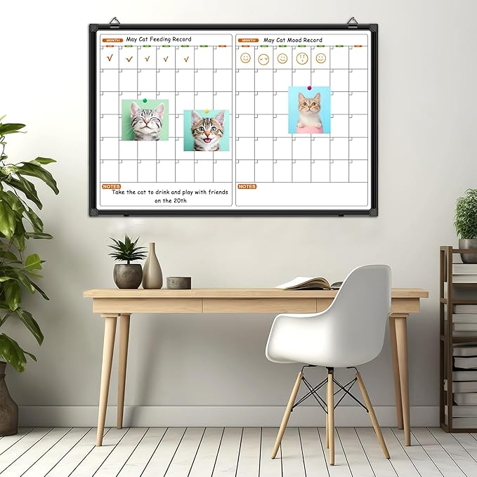 2 Month Whiteboard Dry Erase Calendar for Wall, 36" X 24" Magnetic Calendar Whiteboard for Wall, Wall Hanging Aluminum Frame with Tray for Home, School, Office