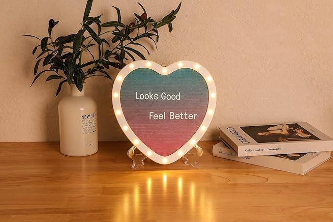 Heart-Shaped Felt Letter Board with Built-in LED Lights,10x10 Light-up Message Board with 663 Pre-Cut Letters,Cursive letters for Valentine’s Day Birthday Party,Pregnancy Announcement,Wedding