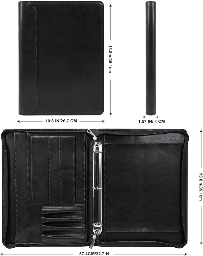 AZXCG Padfolio for Men, 3 Ring Binder Portfolio Folder, Vegan Leather, Personalized with A4 Notepad Holder, Business Document Organizer, Black