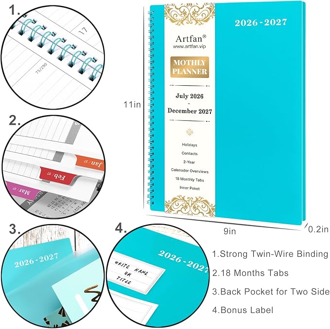 2026-2027 Monthly Planner - JUL 2026 - DEC 2027 Planner/Calendar 2026-2027, 18 Monthly Planners with Tabs & Pocket & Label, Contacts and Passwords, 9" x 11", Thick Paper, Twin-Wire Binding - Blue
