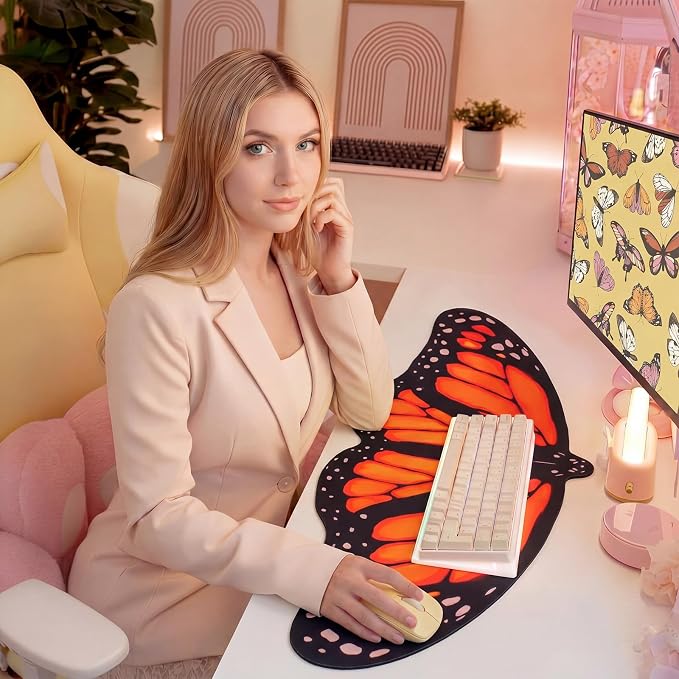 Tellegloww Large Monarch Butterfly Gaming Mouse Pad Desk Mat Decorative Butterfly Keyboard Desk Mat with Non-Slip Base Table Accessories for Office Home Study 35.43 x 15.75 Inches