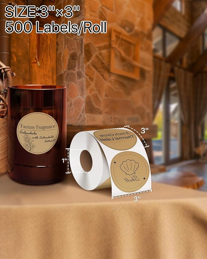 iEager 3 Inch Circle Thermal Sticker Labels, Self-Adhesive Round Direct Thermal Label, Multi-Purpose Roll Thermal Stickers, 500 Labels, Brown