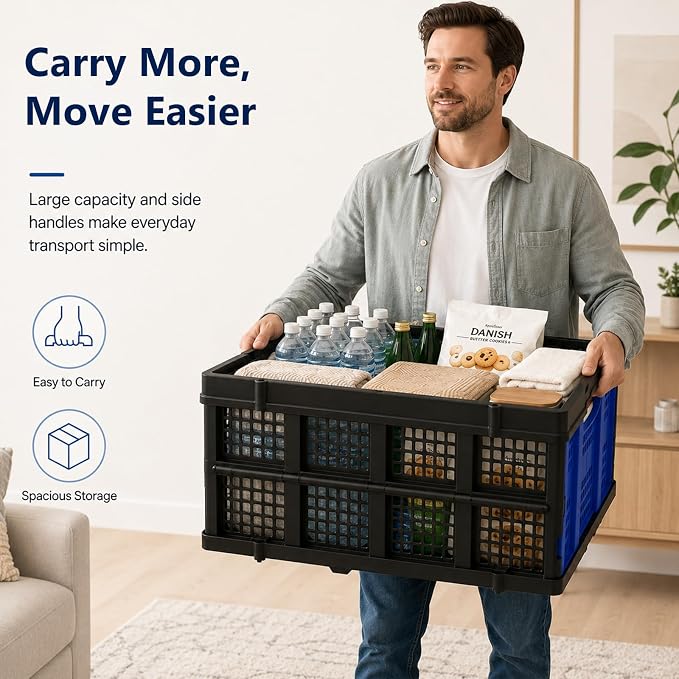 Collapsible Storage Crate, Heavy Duty Foldable Plastic Storage Bin, Stackable Trunk Organizer for Car, Garage, Home & Office, 49L Utility Basket, Blue, 1 Pack