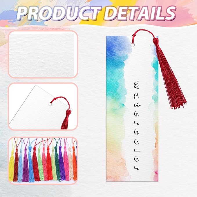 Skyygemm 200 Pcs Watercolor Paper Blank Bookmarks with Colorful Tassels DIY Book Marks Kit Cotton Watercolor Paper Bookmarks with Hole Bookmark Pad for DIY Classroom and Gifts Tags, 5.5 x 2 Inches