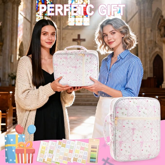 Zkptops Bible Cover Case for Women Large Bible Bag Cotton Quilted Bible Carrying Case with Zipper Pocket and Handle Carrying Book Cover for Christian Study Supplies Christian Gift(Bow Flower)