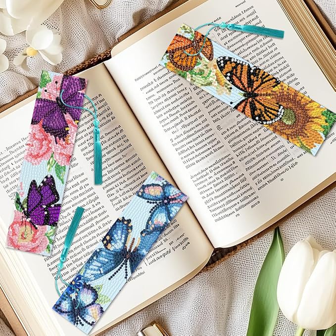 6Pcs Flower Butterfly 5D Diamond Art Bookmarks Sunflower Paeony Roses Floral Diamond DIY Painting Bookmarks Rhinestones Beaded Acrylic Tassel Bookmark for Adult Beginner Crafts