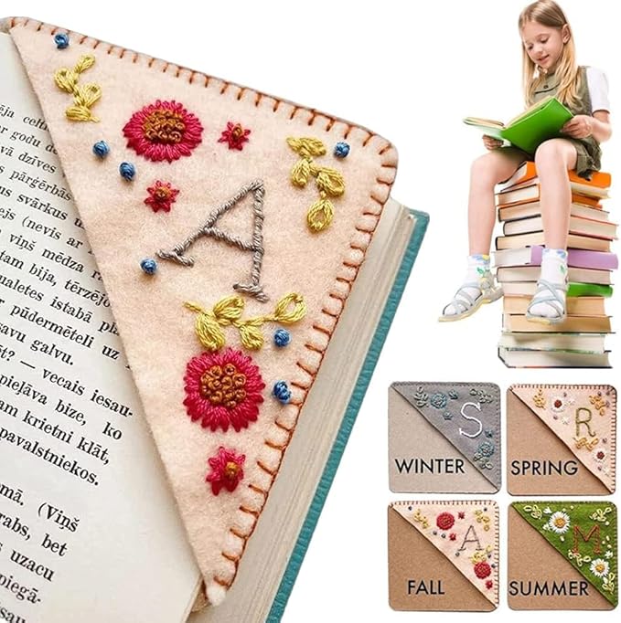 Personalized Hand Embroidered Corner Bookmark, 26 Letters Cute Flower Embroidered Corner Bookmark Embroidery Book Marker Clip for Book Lovers Bookmarks for Reading Lovers Meaningful GIF (Fall, A)